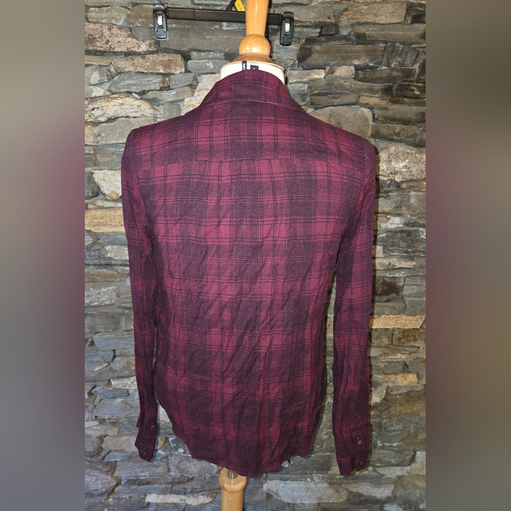Paige Plaid Button-Up Burgandy Soft Long Sleeve Shirt V Neck - Picture 6 of 7